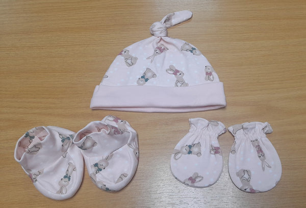 GIRL PINK BUNNY Collection CAP+MITTENS+BOOTIES GIRL-10CBM1