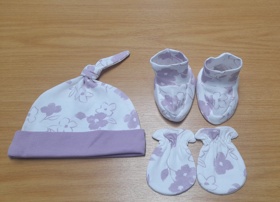 GIRL PURPLE FLOWER Collection CAP+MITTENS+BOOTIES GIRL-9CBM1